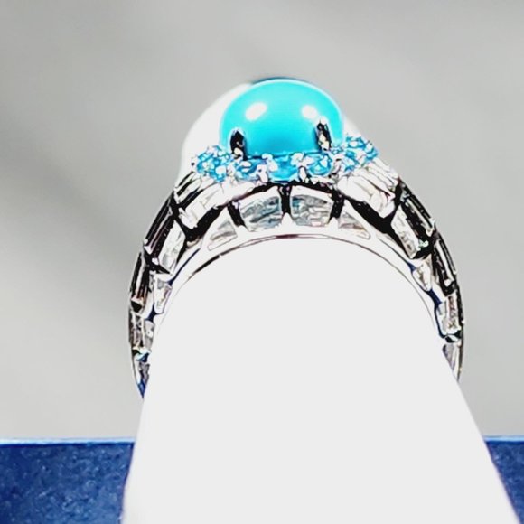 Natural Arizona Sleeping Beauty Turquoise/Neon Apatite Halo ring in Rhodium/925 - Picture 6 of 6